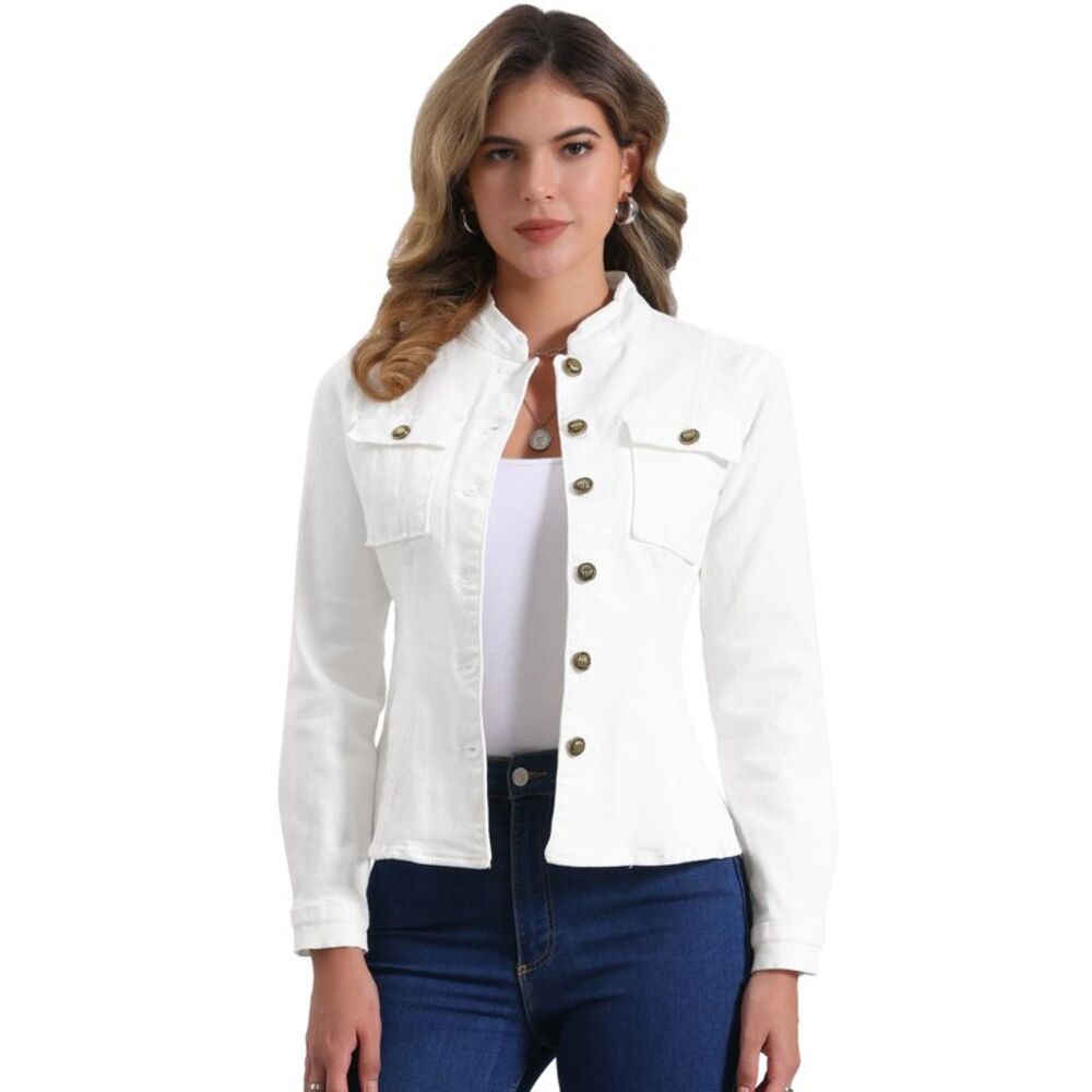 Casual Denim Jacket Classic Stand Collar Long Sleeve Jean Jacket White